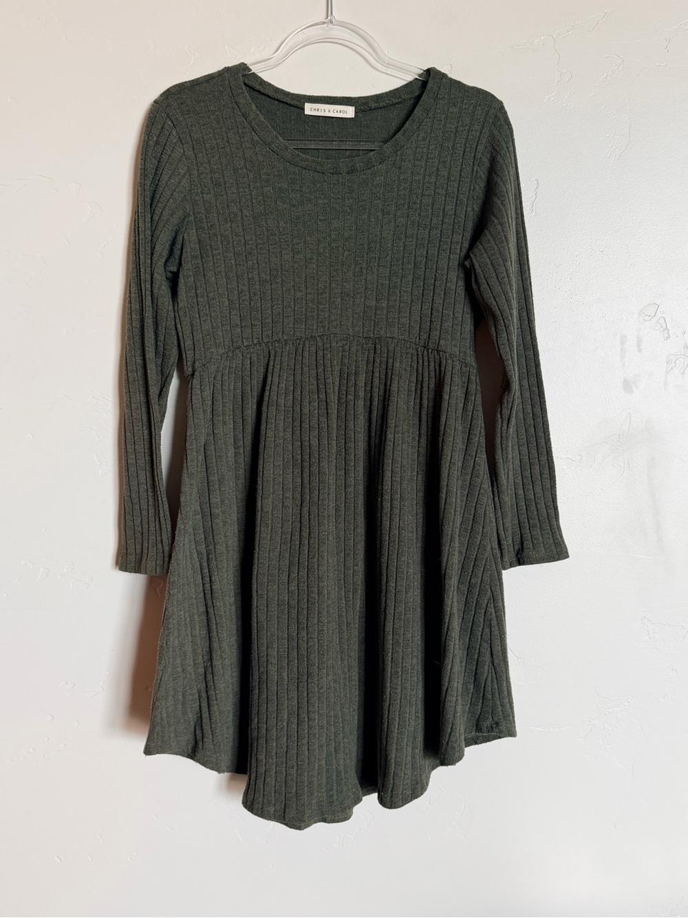 Chris & Carol Olive Green Ribbed Long-Sleeve Mini Dress Relaxed Babydoll Flare